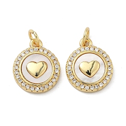 Сердце Латунные микро проложить кубического циркония подвески, с раковиной и прыгать кольцо, реальный 16 k позолоченный, сердце, 15x12.5x3 мм, отверстие : 3.5 мм