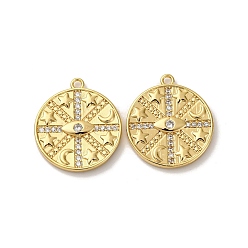 Настоящее золото 18K Латунные микро проложить кубического циркония подвески, без кадмия, без никеля и без свинца, плоские круглые с сглаза, реальный 18 k позолоченный, 23.5x20.5x2.5 мм, отверстие : 1.6 мм
