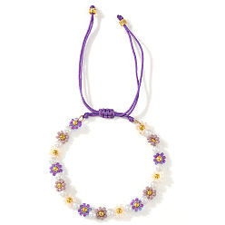 Фиолетовый Браслеты из плетеного бисера и искусственного жемчуга в богемном стиле, Регулируемые браслеты из плетеного нейлонового шнура для женщин, подсолнечник, с золотыми латунными круглыми бусинами, фиолетовые, 11.02 дюйм (28 см)