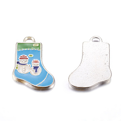 Синий Подвески из эмали и сплава, рождественский чулок прелести для праздника изготовления ювелирных изделий, без кадмия, без никеля и без свинца, Платиновый металл, синие, длиной около 24 мм , шириной 16 мм , толщиной 2 мм , отверстие : 2 мм