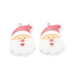 White Resin Pendants, for Christmas Festival, with Platinum Iron Peg Bail, Glitter Powder, Santa Claus, White, 30x21x8mm, Hole: 2mm