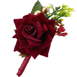 Dark Red 1Pc Silk Brooch, with Plastic Imitation Flower, for Wedding, Party Decorations, Rose, Dark Red, 109x78x45mm, Pin: 0.7mm