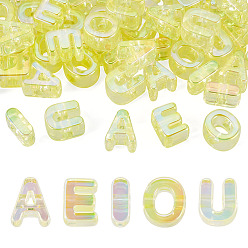 Light Yellow 50Pcs 5 Styles UV Plating Rainbow Iridescent Acrylic Beads, Initial Beads, A E I O U, Light Yellow, 20.5~21x8.5~18x13.5~14mm, Hole: 6mm, 10pcs/style
