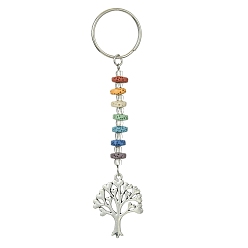 Antique Silver Chakra Natural Lava Rock & Alloy Tree of Life Pendant Keychain, with Iron Split Key Rings, Antique Silver, 11.4cm