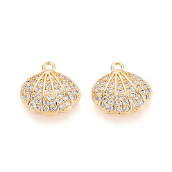 Настоящее золото 18K Латунные микропаве прозрачные подвески с фианитом, подвески в форме ракушек, без никеля , реальный 18 k позолоченный, 11x11x2.5 мм, отверстие : 1.2 мм