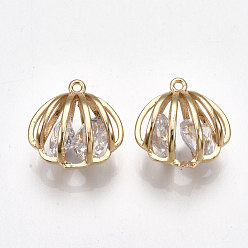 Real 18K Gold Plated Brass Cubic Zirconia Charms, Hollow, Shell, Clear, Real 18K Gold Plated, 12.5x12.5x7mm, Hole: 0.8mm