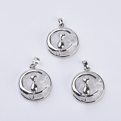 Хрусталь Кулоны для котят из натурального кварца, горного хрусталя, с латунной фурнитурой , плоский круглый с формой кота и полумесяца, платина, 32x27.5x10 мм, отверстие : 5x7 мм