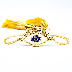 Синий Браслеты из стеклянных бусин в стиле бохо от сглаза, плетеные браслеты из бисера для женщин, с кистями, синие