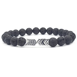 Серебро Эластичные браслеты из натуральной лавовой породы и синтетических немагнитных гематитовых бусин с гальваническим покрытием., Украшения с подвеской в виде стрелы для мужчин, серебряные, 7.28 дюйм (18.5 см) ~ 7.68 дюйм (19.5 см)