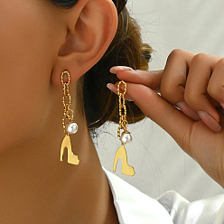 Золотой Туфли на высоком каблуке из нержавеющей стали с пластиковым жемчугом серьги-гвоздики, элегантные женские серьги винтажные модные украшения для ушей, золотые, 60x14 мм