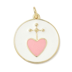 Pink Латунь эмаль подвески, с целью перехода в кольце, плоский круглый с подвеской в виде сердца, реальный 18 k позолоченный, розовые, 21x19x1.5 мм, отверстие : 3.5 мм