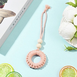 Pink Круглые хлопковые подвесные украшения, с бусинами из натурального необработанного дерева, розовые, 225 мм