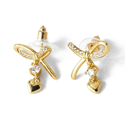 Golden Brass Micro Pave Clear Cubic Zirconia Stud Earrings, Bowknot with Heart, Golden, 20x16mm