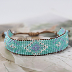 Бледно-бирюзовый Браслеты из бисера в стиле бохо с ромбическим узором из стеклянных бус, этнические шнуровые браслеты для женщин, градиент цвета, бледные бирюзовая, 5-7/8 дюйм (15 см)