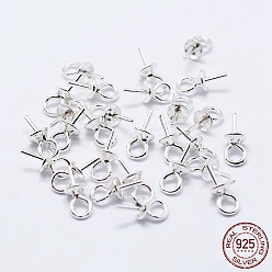 Silver 925 Sterling Silver Cup Pearl Bail Pin Pendants, For Half Drilled Beads, Silver, 7x3mm, Hole: 1.5mm, Pin: 0.6mm