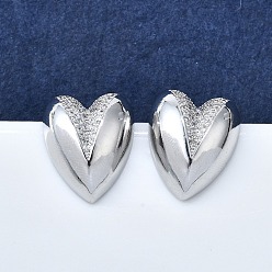 Платина Женские серьги-гвоздики из латуни с микропаве и прозрачным кубическим цирконием, сердце, платина, 19x15.5 мм