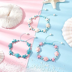 Mixed Color 3Pcs 3 Styles Starfish & Turtle Synthetic Turquoise Beads Braided Bead Bracelets for Women, Mixed Color, Inner Diameter: 1-5/8~3-1/4 inch(4.1~8.3cm), 1pc/color