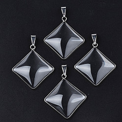 Clear Brass Glass Pendants, with Iron Snap on Bails, Rhombus Charms, Platinum, Clear, 46.5x41x6.5mm, Hole: 10mm
