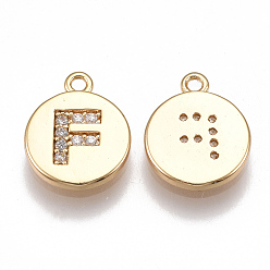 Letter F Brass Cubic Zirconia Charms, Flat Round with Letter, Nickel Free, Real 18K Gold Plated, Clear, Letter.F, 12x10x2mm, Hole: 1mm