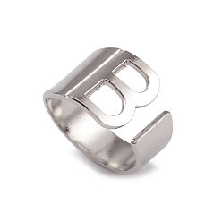 Stainless Steel Color Non-Tarnish 304 Stainless Steel Initial Letter B Open Cuff Rings for Women, Stainless Steel Color, Inner Diameter: 17.6mm