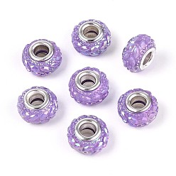 Лиловый Непрозрачная смола европейский бисер, бусины с большим отверстием, рондель с латунными сердечниками, покрытыми серебром, сирень, 13.5~14x8.2~9 мм, отверстие : 5 мм