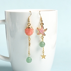 Green Aventurine Natural Green Aventurine Dangle Earrings, Alloy Enamel Starfish & Shell Asymmetrical Earrings for Women, 75x8mm