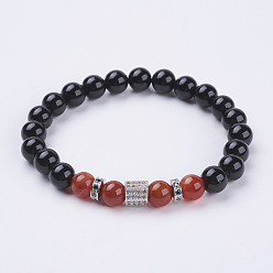 Karneol Armbänder aus natürlichem Obsidian und Karneol, mit Messing-Zirkonia-Perlen, Kolumne, Platin Farbe, 2-1/4 Zoll (56 mm)