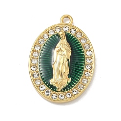 Oval 304 эмалированная нержавеющая сталь с подвесками из хрустальных страз, вакуумное покрытие pvd, реальный 18 k позолоченный, овал с подвеской девы марии, 24.5x17.5x3.5 мм, отверстие : 1.6 мм
