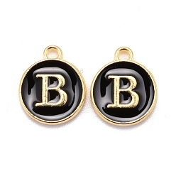 Letter B Подвески из позолоченного сплава, без кадмия и без свинца, с эмалью, эмалированные блестки, плоские круглые с буквы, чёрные, letter.b, 14x12x2 мм, отверстие : 1.5 мм