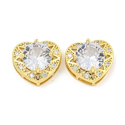 Настоящее золото 18K Покрытие стойки латунь микропаве прозрачные подвески из кубического циркония, со стеклом, без кадмия и без свинца, сердце, реальный 18 k позолоченный, 15x16.5x8 мм, отверстие : 1.8 мм