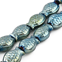 Зеленое Покрытие Стеклянные бусины с гальваническим покрытием , рыба, полное покрытие, зеленый покрытием, 15x10x3 мм, отверстие : 1 мм, около 28~29 шт / нитка, 15.16~15.75 дюйм (38.5~40 см)