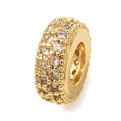 Clear Brass Pave Cubic Zirconia European Beads, Large Hole Beads, Flat Round, Golden, Clear, 4x10mm, Hole: 4.5mm