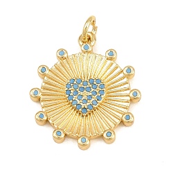 Golden Brass Micro Pave Sky Blue Cubic Zirconia Pendants, Flat Round with Heart Charms, Golden, 23x20x2.5mm, Hole: 3.2mm