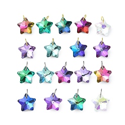 Золотой & Цвет Нержавеющей Стали Гальванизированные стеклянные прелести, с прыжковых колец, граненые, разноцветные, звезда, золотые и нержавеющая сталь цвет, 13x13x6.5 мм, отверстие : 5.3 мм