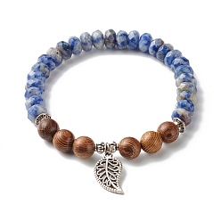 Jaspe Avec Point Bleu Bracelet extensible reiki jaspe naturel à pois bleus et perles de bois de wengé, bracelet à breloques en alliage de feuille pour fille femme, diamètre intérieur: 2-1/8 pouce (5.3 cm)