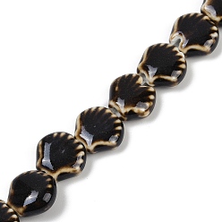 Черный Фарфора ручной работы бисер нитей, формы раковины, чёрные, 13.5x13~14x6 мм, отверстие : 1.8 мм, около 28 шт / нитка, 14.37'' (36.5 см)