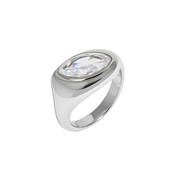 Нержавеющая Сталь Цвет 304 Кольца из нержавеющей стали с одинарным прозрачным кубическим цирконием, лошадиный глаз , цвет нержавеющей стали, размер США 7 (17.3 мм)