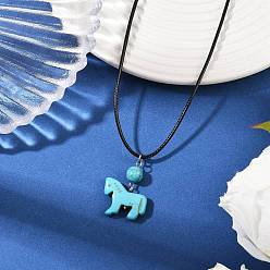 Бирюза Подвеска в виде лошади из окрашенной синтетической бирюзы, ожерелья из черного вощеного шнура, платина, бирюзовые, 17.91 дюйм (45.5 см)