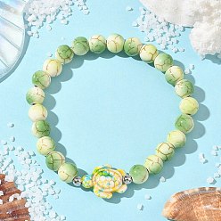 Зеленый лайм Синтетические бирюзовые круглые и черепаховые бусины, покрытые краской для выпечки, эластичные браслеты для мужчин и женщин, зеленый лайм, внутренний диаметр: 2-1/4 дюйм (5.65 см)