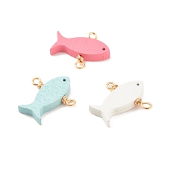 Mixed Color Spray Painted Wood Connector Charms, with Golden Tone Copper Wire Loops, Fish, Mixed Color, 26x29x4.5mm, Hole: 3.5mm