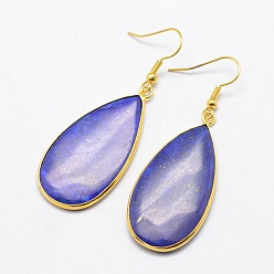 Ляпис-Лазурь Природные лазурит серьги болтаться, капля, с латунной фурнитурой , золотые, 61 мм, штифты : 0.8 мм