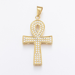 Golden 304 Edelstahl Strass große Anhänger, Ankh Kreuz, golden, 57x33.5x5.5 mm, Bohrung: 11x8 mm