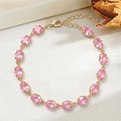 Pink Европейские латунные браслеты-цепочки с овальными звеньями, инкрустированные кубическим цирконием, для женщин., золотые, розовые, 6.69 дюйм (17 см)