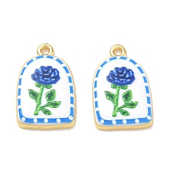 Medium Blue Printed Brass Pendants, Arch with Flower Charms, Rack Plating, Long-Lasting Plated, Lead Free & Cadmium Free, Real 18K Gold Plated, Medium Blue, 22.5x14.5x3.5mm, Hole: 1.5mm