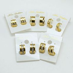 Golden Mode 304 Edelstahl huggie Creolen, mit Strass-Steinen, Vergoldete, 12~12.5x13~13.5x4~9 mm, Stift: 0.8 mm