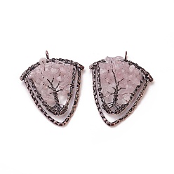 Розовый Кварц Натуральный розовый кварц чип большие подвески, с латунной фурнитурой , щит, Красная медь, 57~59x47.5x8 мм, отверстие : 5 мм