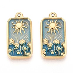 Стально-синий 304 подвески из нержавеющей стали, с эмалью, прямоугольник с подвеской в виде солнца и цветка, реальный 14 k позолоченный, стальной синий, 25.5x13.5x2.5 мм, отверстие : 1.5 мм
