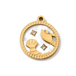 Cancer 12 Constellations 304 Stainless Steel & Natural Shell & Rhinestone Pendants, Ion Plating(IP), Long-Lasting Plated, Cancer Charm, 17x15x2mm, Hole: 1.5mm