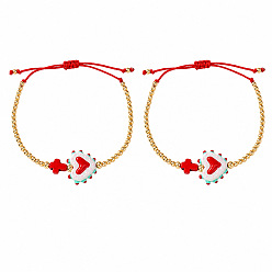 Mixed Color 2Pcs 2 Colors Dyed Synthetic Turquoise Cross and Glass Heart Braided Bead Bracelets for Women, Adjustable Stackable Bracelets with Round Brass Beads, Golden, Mixed Color, 11.02 inch(28cm), 1pc/color