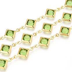 Зеленый лайм Латунные ромбозвенные цепи, со стеклом, пайки, с катушкой, долговечный, золотые, зеленый лайм, 15x9x2.5~3 мм, около 32.81 футов (10 м) / рулон